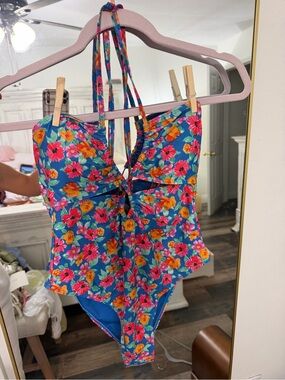 Lulu's Teal Floral Halter One-Piece Swimsuit with Pink & Orange Blooms
